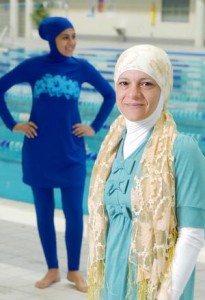 Burqini, a portmanteau word combining Burqa and Bikini, “was launched as a sartorial option for Muslim women who cover to enable them to enjoy swimming at public baths or outdoor locations like anyone else without having to compromise what they consider appropriate levels of modesty.”  The outfit, whose trademark was registered in 2003 by Aheda Zanetti, gathers significance in the context of sports and games in which Muslim women are participated. 